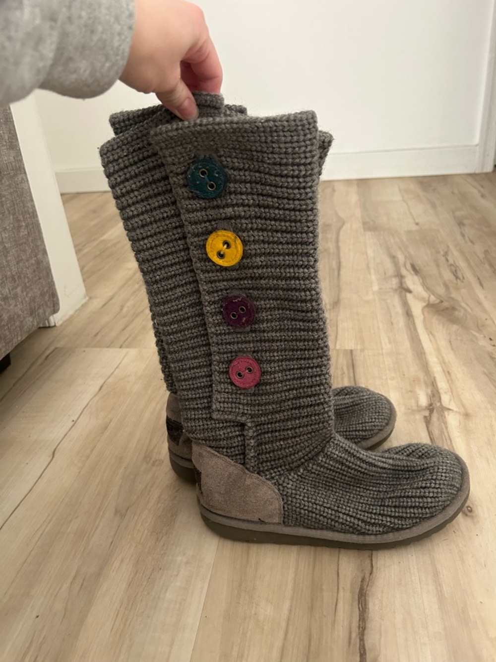 UGG Gray Knit Button-Accent Winter Boots with Multicolor Buttons